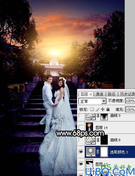 Photoshop给园林中拍摄的情侣婚纱照调出唯美梦幻温馨的霞光色彩