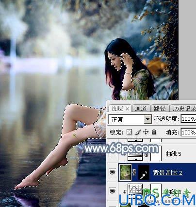 Photoshop给外景自拍的长腿美足少女生活照调出柔和的古典青蓝色