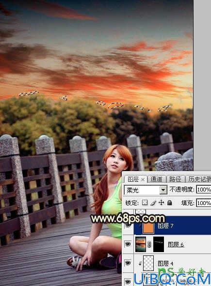 Photoshop美女照片调色：给公园木桥上自拍的可爱女生照片调出唯美橙色