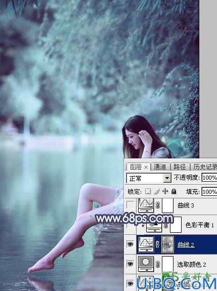 Photoshop调色教程：给水塘边的清纯玉腿美少女写真图片调出唯美的青蓝色