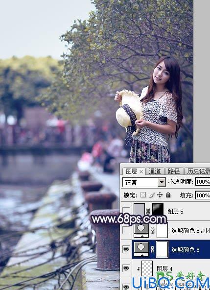 Photoshop给公园水池边自拍的性感连衣裙美少女图片调出唯美的秋季淡蓝色