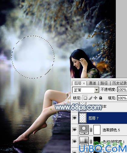 Photoshop给外景自拍的长腿美足少女生活照调出柔和的古典青蓝色