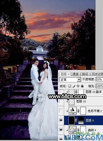 Photoshop给园林中拍摄的情侣婚纱照调出唯美梦幻温馨的霞光色彩