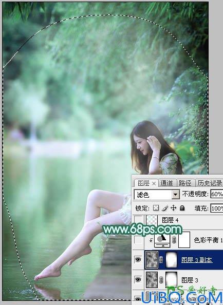 Photoshop给湖景边自拍的甜美女孩儿性感照片调出唯美的青绿色效