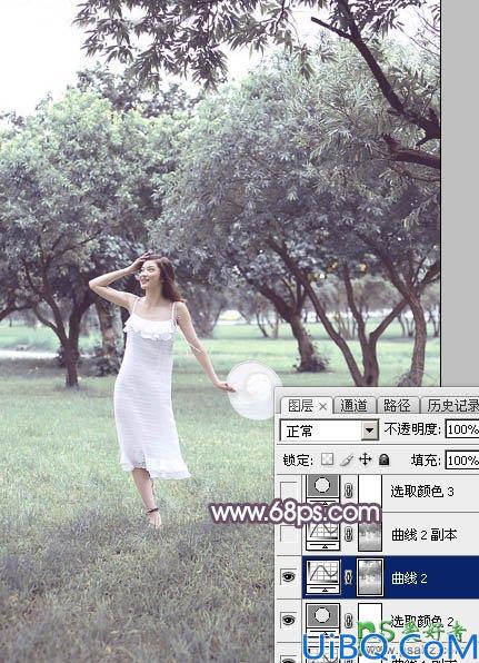 Photoshop美女图片调色教程：给树林中自拍的唯美女生照片调出淡调紫红色