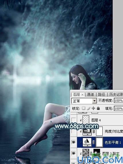 Photoshop调色教程：给河边上自拍的清纯玉腿少女艺术照调出唯美的青蓝色