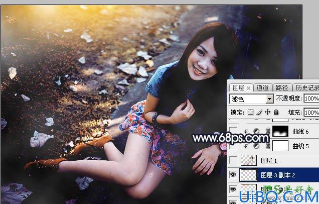 Photoshop美女图片调色：给公园长凳边的雪白美腿女孩生活照调出秋季暖色