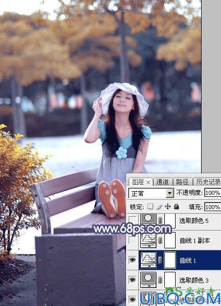 Photoshop调色教程：给公园里小清新可爱女生照片调出清爽的秋季蓝橙色效