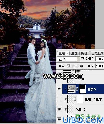 Photoshop给园林中拍摄的情侣婚纱照调出唯美梦幻温馨的霞光色彩