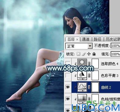 Photoshop调色教程：给河边上自拍的清纯玉腿少女艺术照调出唯美的青蓝色