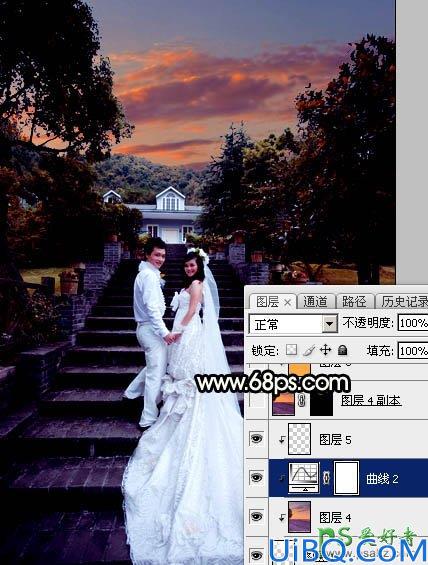 Photoshop给园林中拍摄的情侣婚纱照调出唯美梦幻温馨的霞光色彩