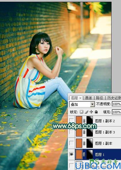 Photoshop女生照片调色：给街头围墙边的唯美女生写真照调出甜美的青红色