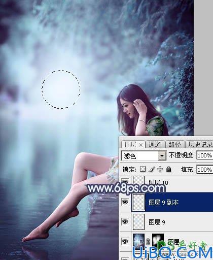 Photoshop调色教程：给水塘边的清纯玉腿美少女写真图片调出唯美的青蓝色