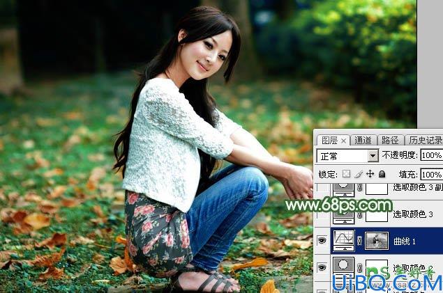 Photoshop给青青草地上自拍的性感果子美眉写真照调出唯美意境秋季青绿色