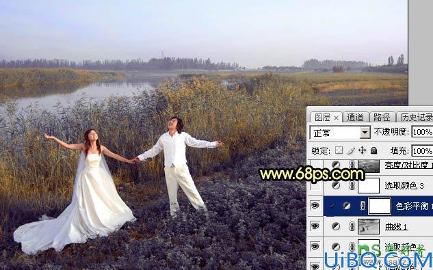 Photoshop婚片调色教程：给芦苇边自拍的情侣婚纱照调出唯美的晨曦色调