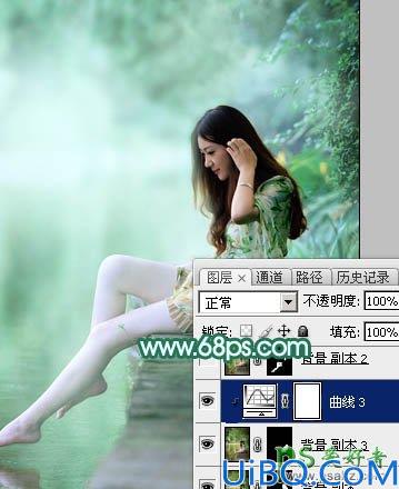 Photoshop给湖景边自拍的甜美女孩儿性感照片调出唯美的青绿色效