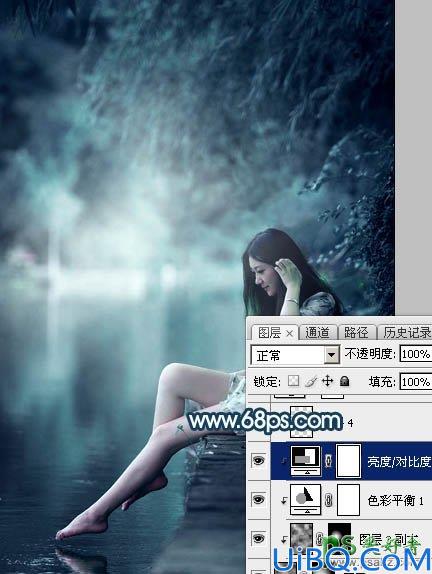 Photoshop调色教程：给河边上自拍的清纯玉腿少女艺术照调出唯美的青蓝色