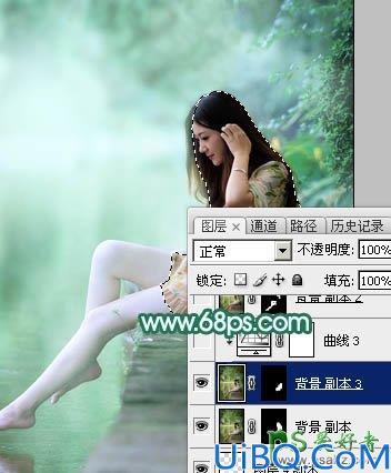 Photoshop给湖景边自拍的甜美女孩儿性感照片调出唯美的青绿色效