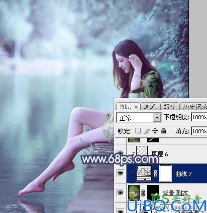 Photoshop调色教程：给水塘边的清纯玉腿美少女写真图片调出唯美的青蓝色