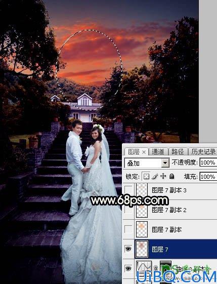 Photoshop给园林中拍摄的情侣婚纱照调出唯美梦幻温馨的霞光色彩