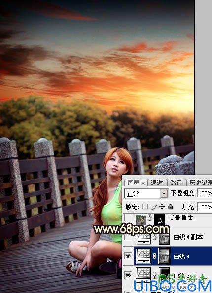 Photoshop美女照片调色：给公园木桥上自拍的可爱女生照片调出唯美橙色