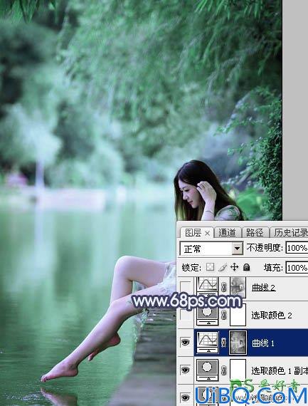 Photoshop调色教程：给水塘边的清纯玉腿美少女写真图片调出唯美的青蓝色