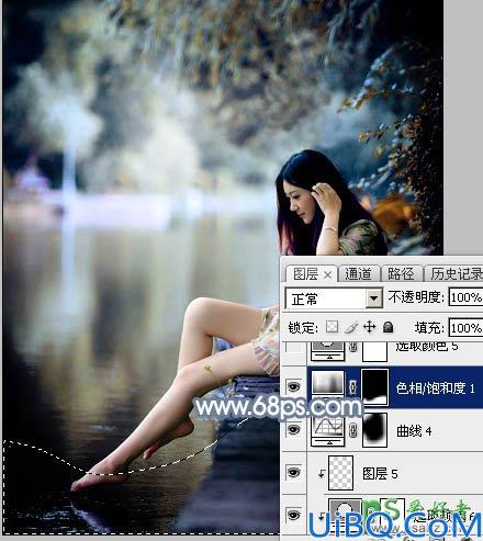 Photoshop给外景自拍的长腿美足少女生活照调出柔和的古典青蓝色