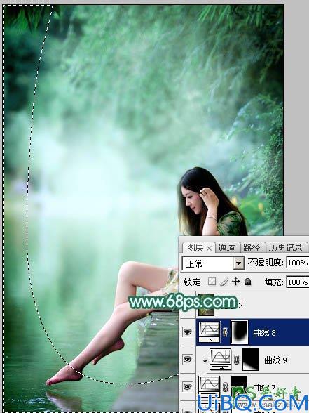 Photoshop给湖景边自拍的甜美女孩儿性感照片调出唯美的青绿色效