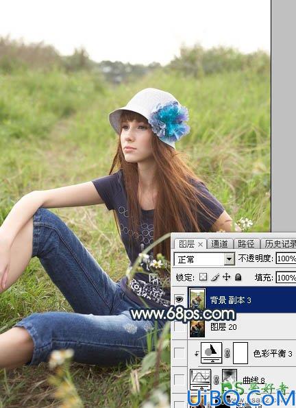 Photoshop美女图片调色：给草丛中自拍的欧美女生照片调出柔和的晨曦霞光