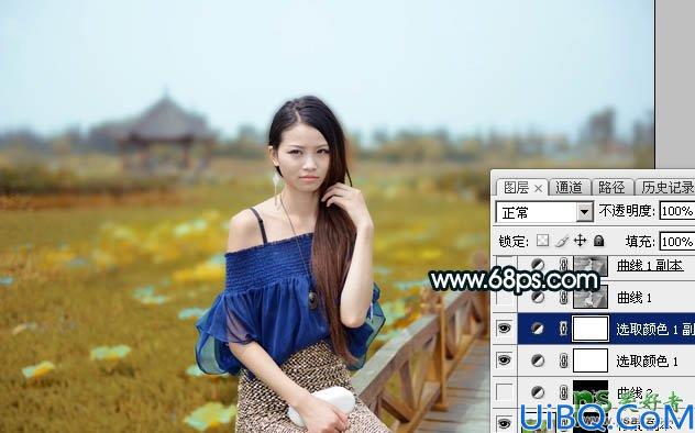 Photoshop美女图片调色：给荷塘边的香肩美少女艺术照调出唯美的晨曦暖褐