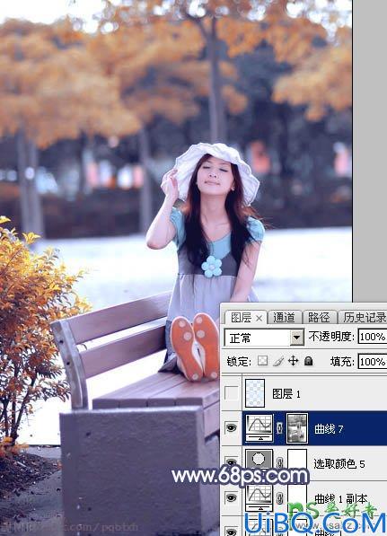 Photoshop调色教程：给公园里小清新可爱女生照片调出清爽的秋季蓝橙色效