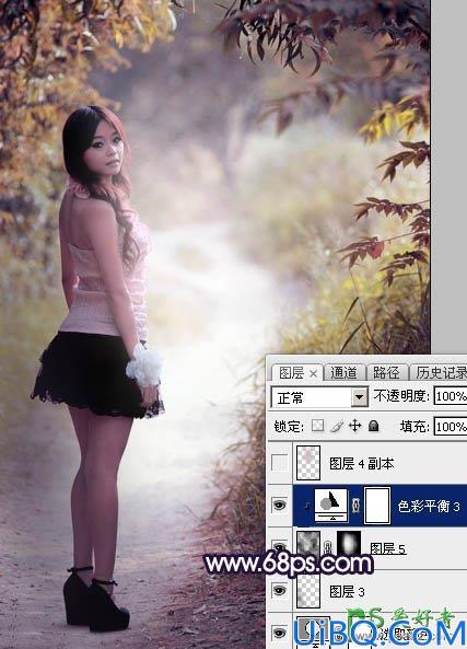 Photoshop调色教程：给树林中自拍的可爱女孩生活照调出秋季蓝紫色