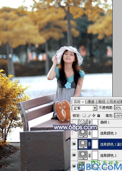 Photoshop调色教程：给公园里小清新可爱女生照片调出清爽的秋季蓝橙色效