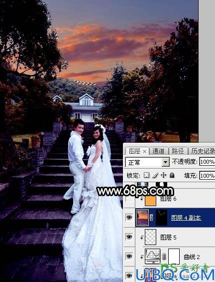 Photoshop给园林中拍摄的情侣婚纱照调出唯美梦幻温馨的霞光色彩