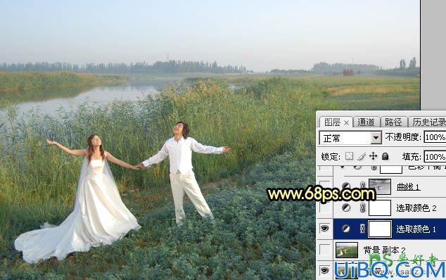 Photoshop婚片调色教程：给芦苇边自拍的情侣婚纱照调出唯美的晨曦色调