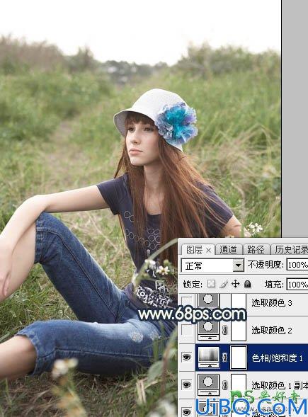 Photoshop美女图片调色：给草丛中自拍的欧美女生照片调出柔和的晨曦霞光