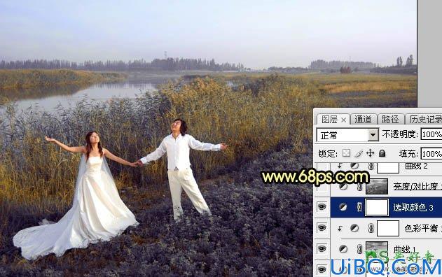 Photoshop婚片调色教程：给芦苇边自拍的情侣婚纱照调出唯美的晨曦色调