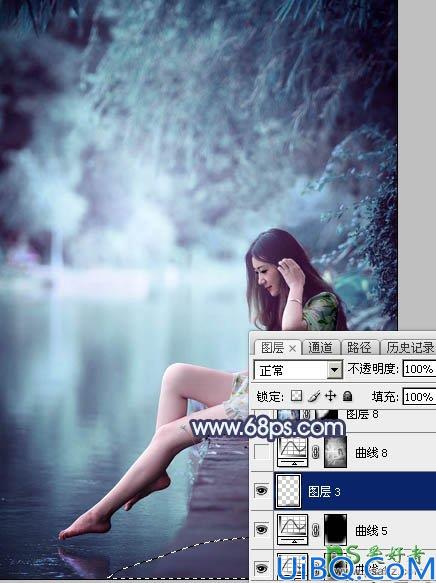 Photoshop调色教程：给水塘边的清纯玉腿美少女写真图片调出唯美的青蓝色