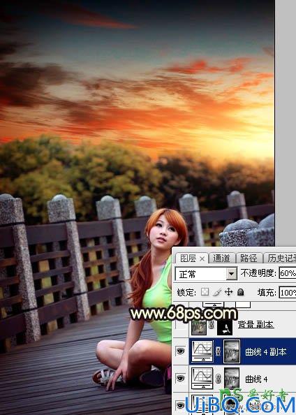 Photoshop美女照片调色：给公园木桥上自拍的可爱女生照片调出唯美橙色