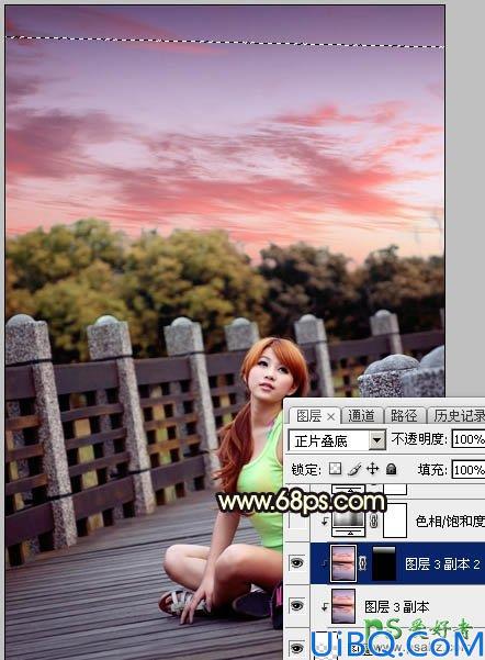 Photoshop美女照片调色：给公园木桥上自拍的可爱女生照片调出唯美橙色