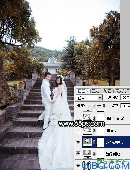 Photoshop给园林中拍摄的情侣婚纱照调出唯美梦幻温馨的霞光色彩