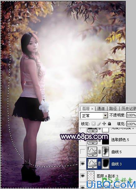 Photoshop调色教程：给树林中自拍的可爱女孩生活照调出秋季蓝紫色