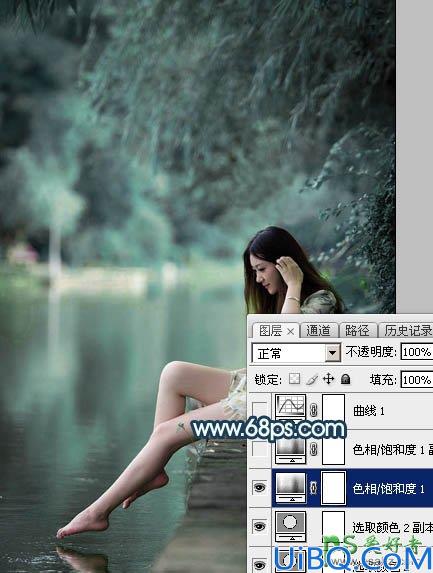 Photoshop调色教程：给河边上自拍的清纯玉腿少女艺术照调出唯美的青蓝色