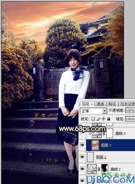 Photoshop给性感空姐制服美女外景写真图片调出唯美的夕阳霞光色