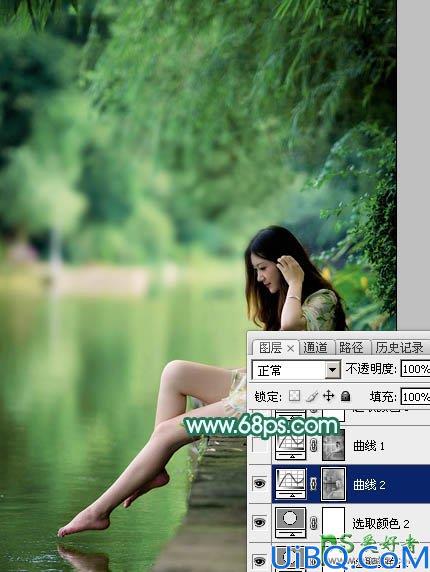 Photoshop给湖景边自拍的甜美女孩儿性感照片调出唯美的青绿色效