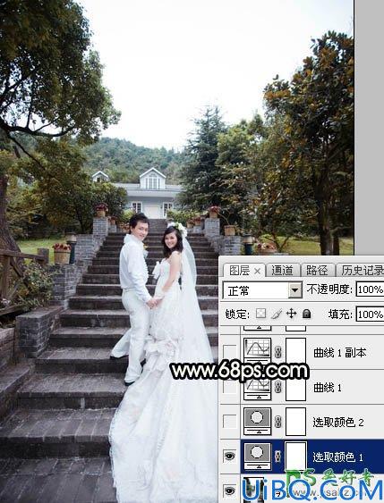 Photoshop给园林中拍摄的情侣婚纱照调出唯美梦幻温馨的霞光色彩