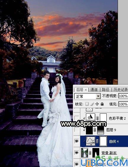 Photoshop给园林中拍摄的情侣婚纱照调出唯美梦幻温馨的霞光色彩