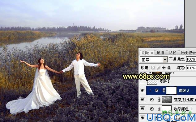 Photoshop婚片调色教程：给芦苇边自拍的情侣婚纱照调出唯美的晨曦色调