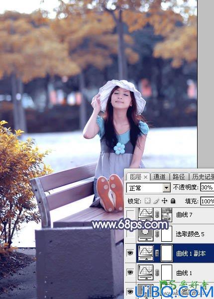 Photoshop调色教程：给公园里小清新可爱女生照片调出清爽的秋季蓝橙色效