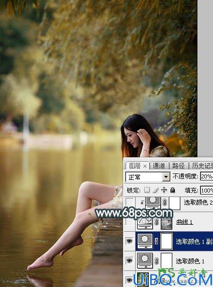 Photoshop调色教程：给漂亮的小清新女生照片调出唯美的青黄色，美腿女生